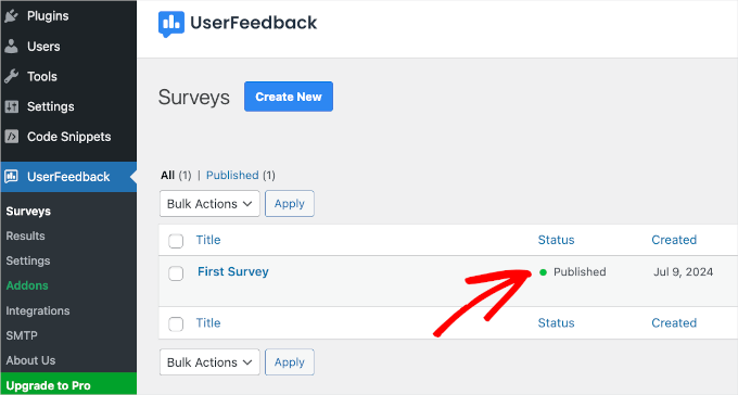 UserFeedback survey published status