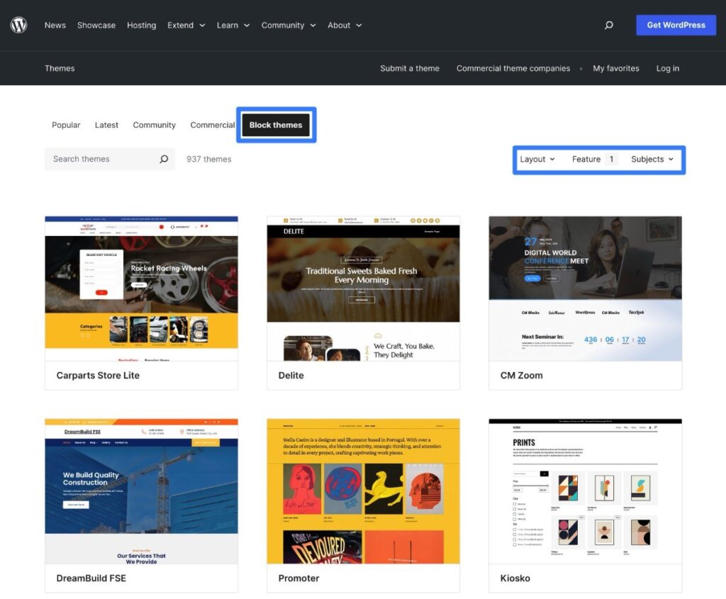How to find WordPress block themes at the WordPress.org Theme Directory by using the block theme filter.