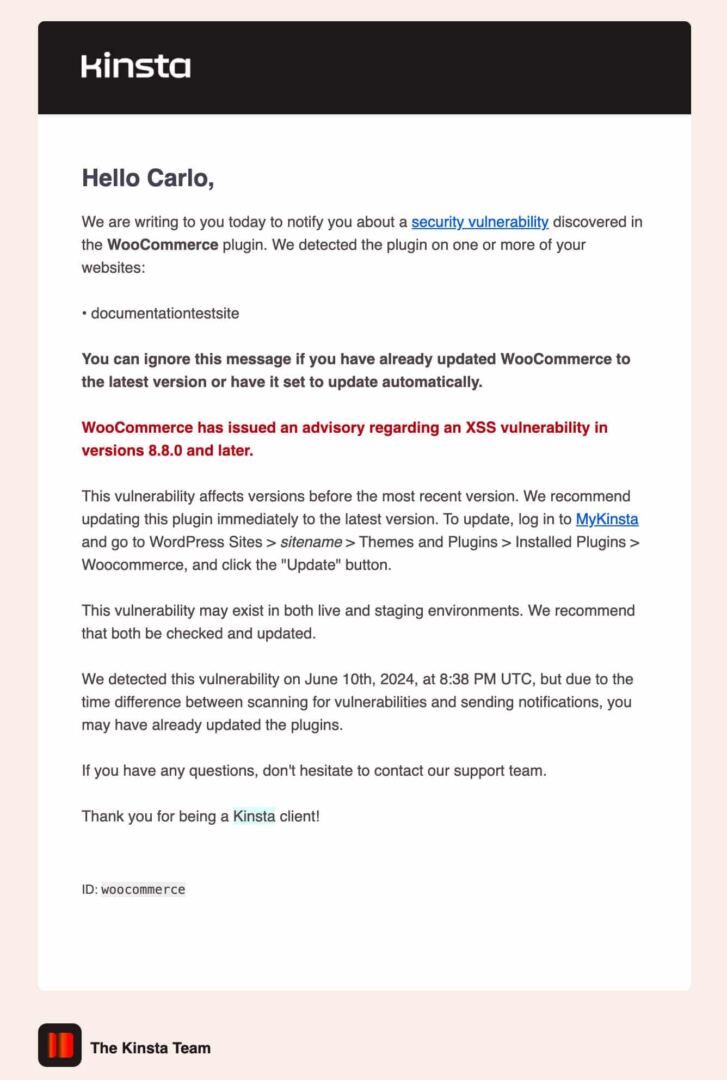 An email from Kinsta notifying a vulnerability in WooCommerce