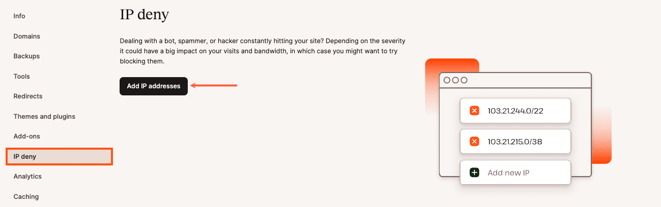 Add IP addresses to the IP Deny tool in MyKinsta.