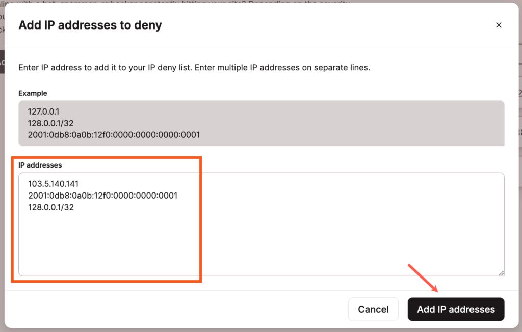 Add an IP address to deny in MyKinsta.