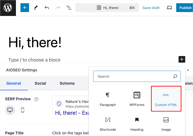 Adding custom HTML block in WordPress