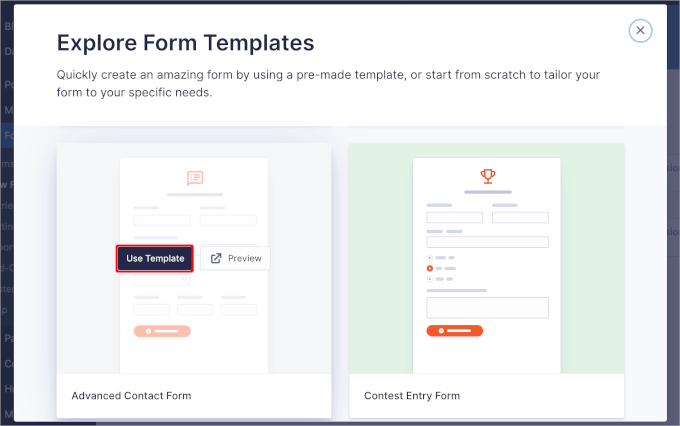 The Use Template button in Gravity Forms