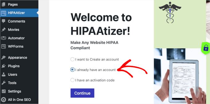 Connecting HIPAAtizer plugin and account