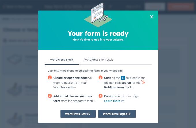 HubSpot's Your Form Is Ready popup window