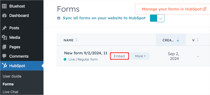 HubSpot embed button in the WP admin area