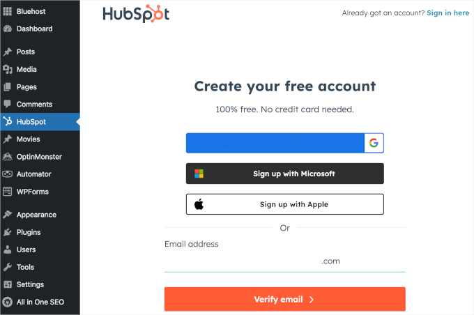 Signing up for HubSpot in WordPress