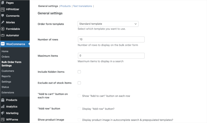 Setting up bulk order form