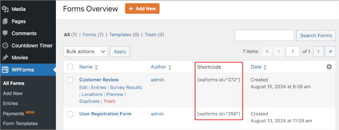 The shortcode column in WPForms page