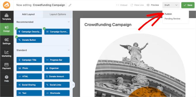 Publishing a campaign in WP Charitable