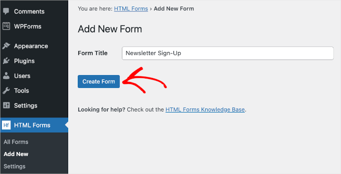 HTML Forms' create form button