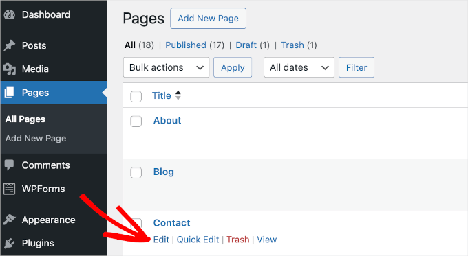 The Edit button for editing a WordPress page