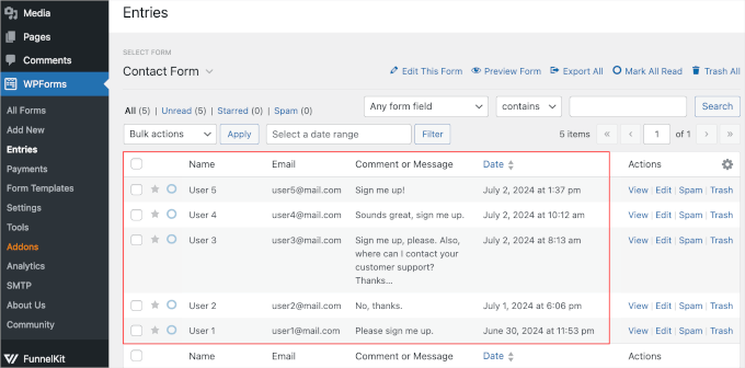 Form submissions on WPForms