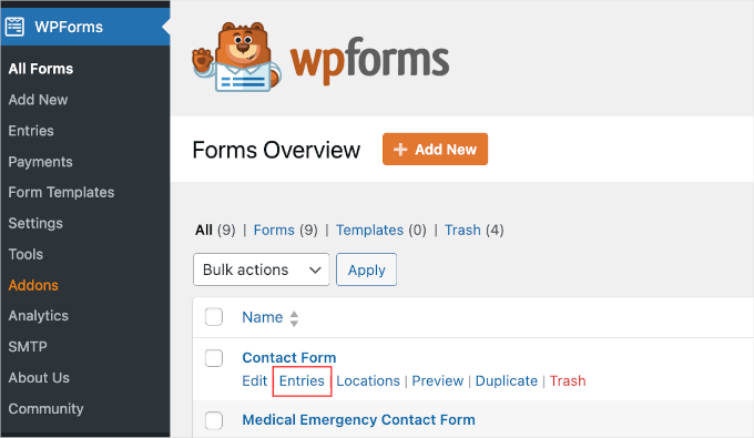 Entries button in WPForms