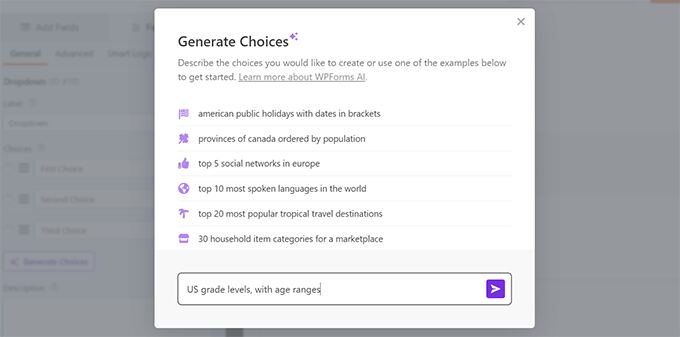 WPForms AI choices generator