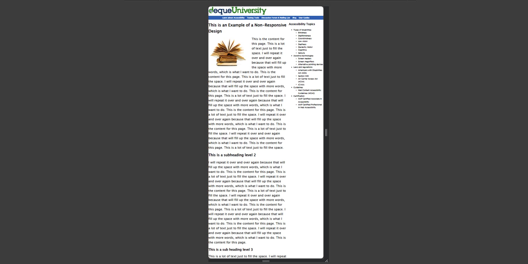 A screenshot of an example of a non-responsive website