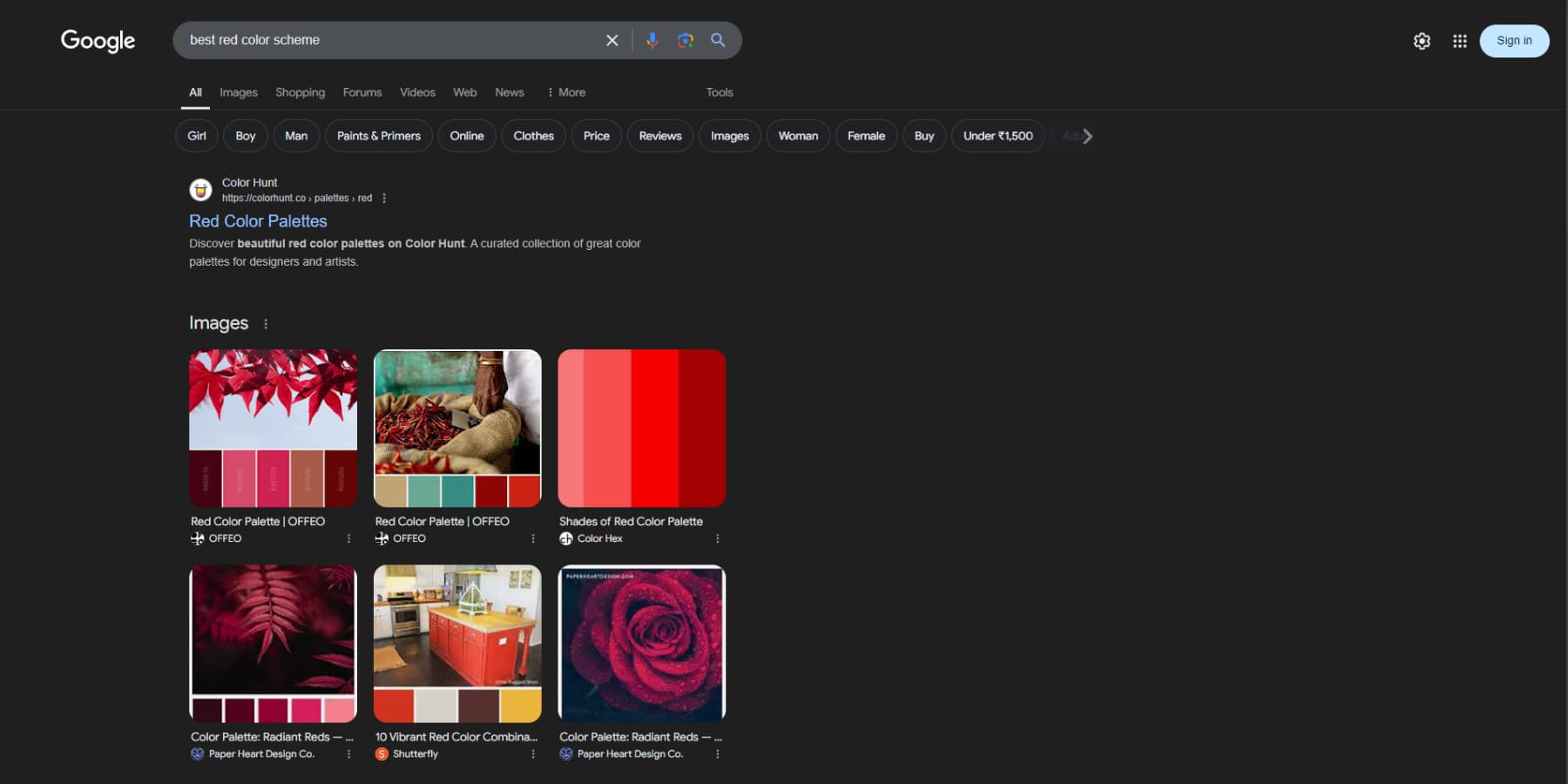 A screenshot of google search results for a color scheme search query