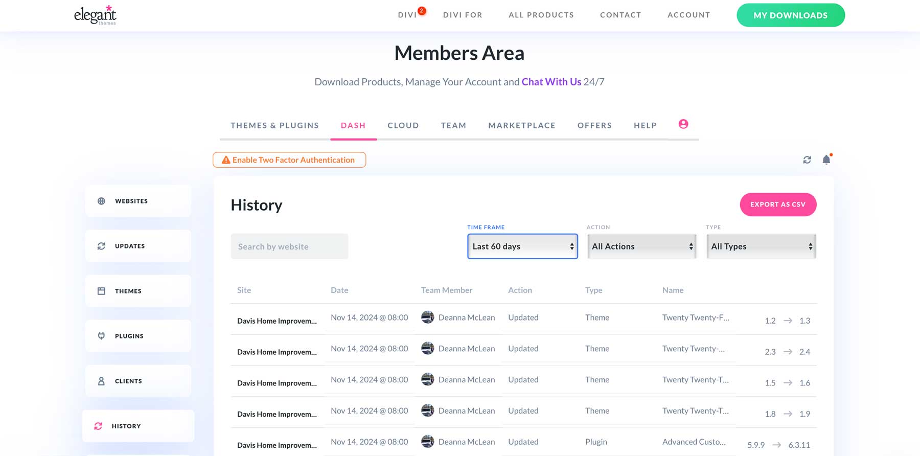 Divi Dash history tab