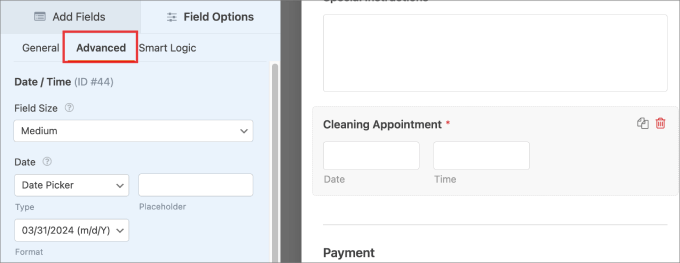 advanced tab in wpforms