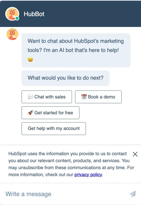 Screencap of HubBot, HubSpot’s AI chatbot.