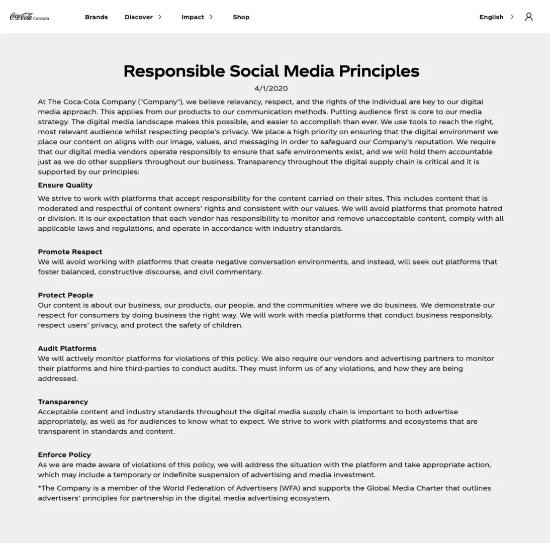 Screenshot of Coca-Cola’s social media policy