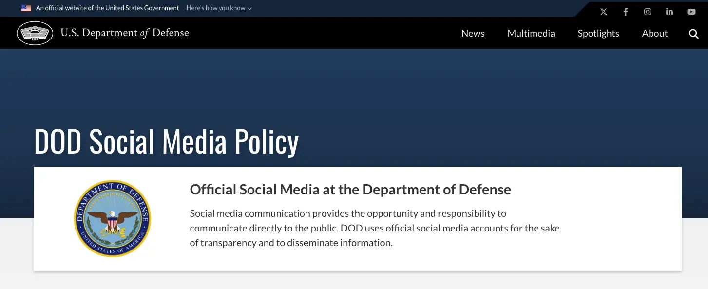 Screenshot of Department of Defense’s social media policy