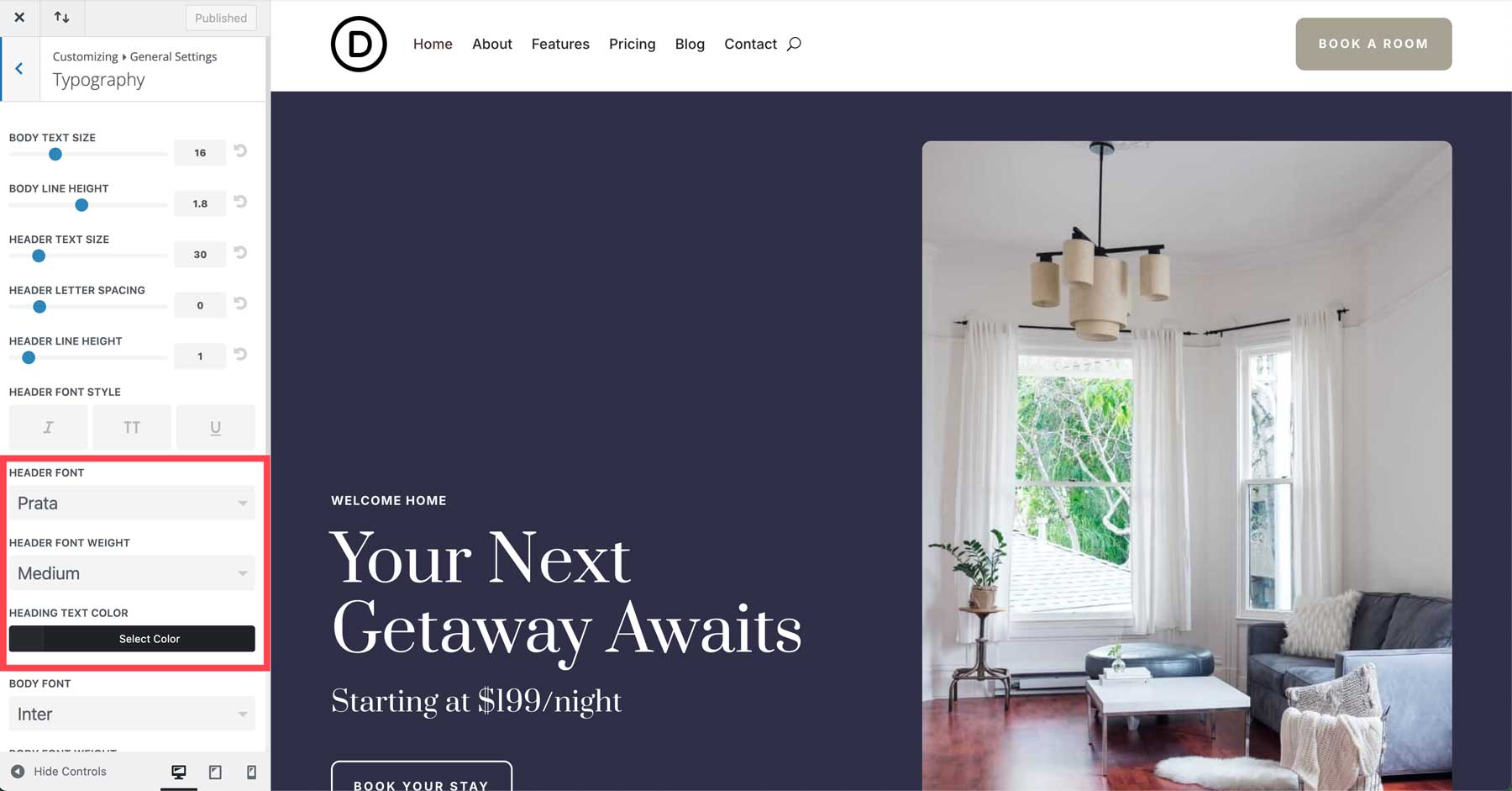 bed and breakfast starter site for Divi