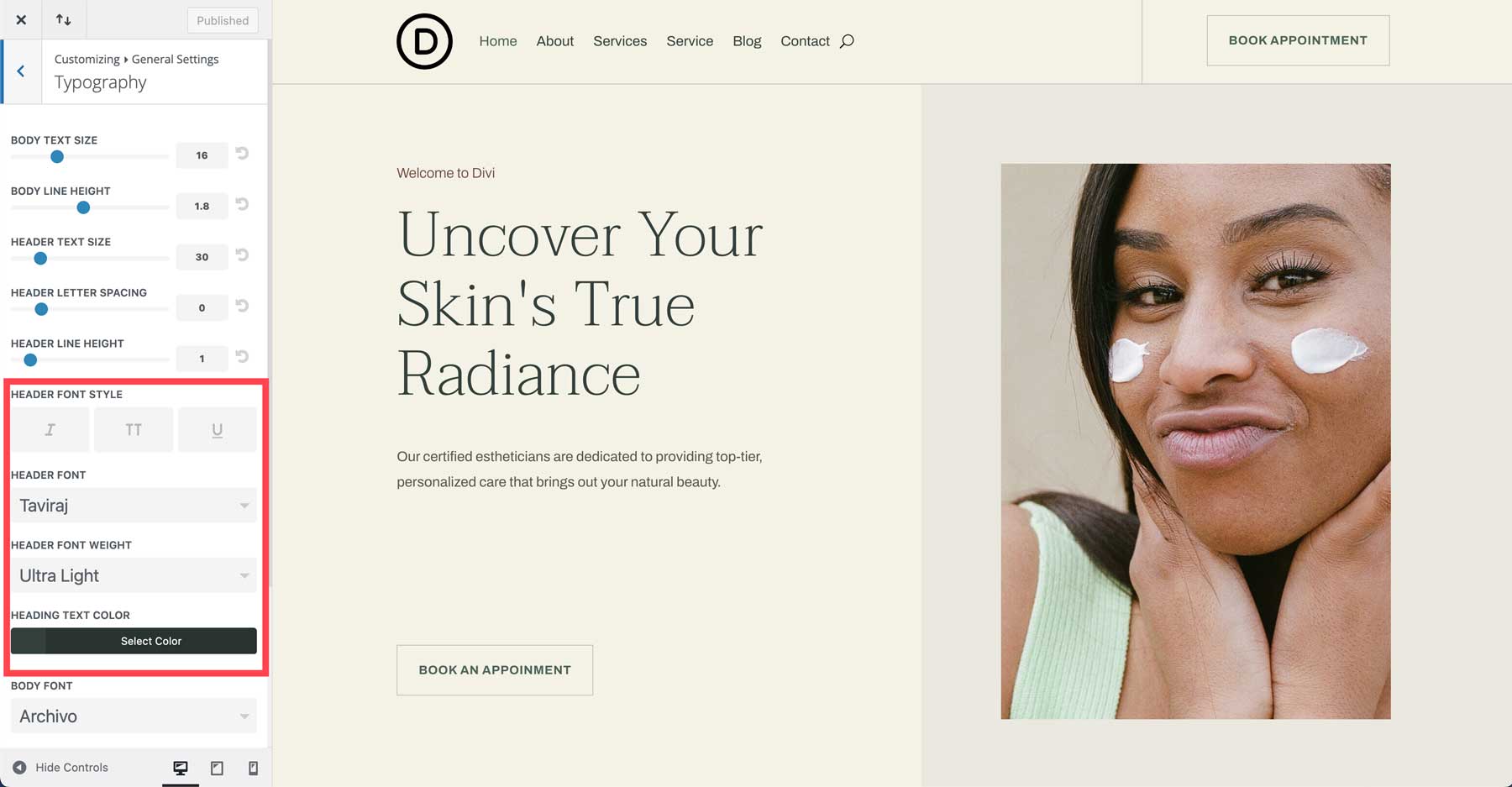 Esthetician starter site for Divi