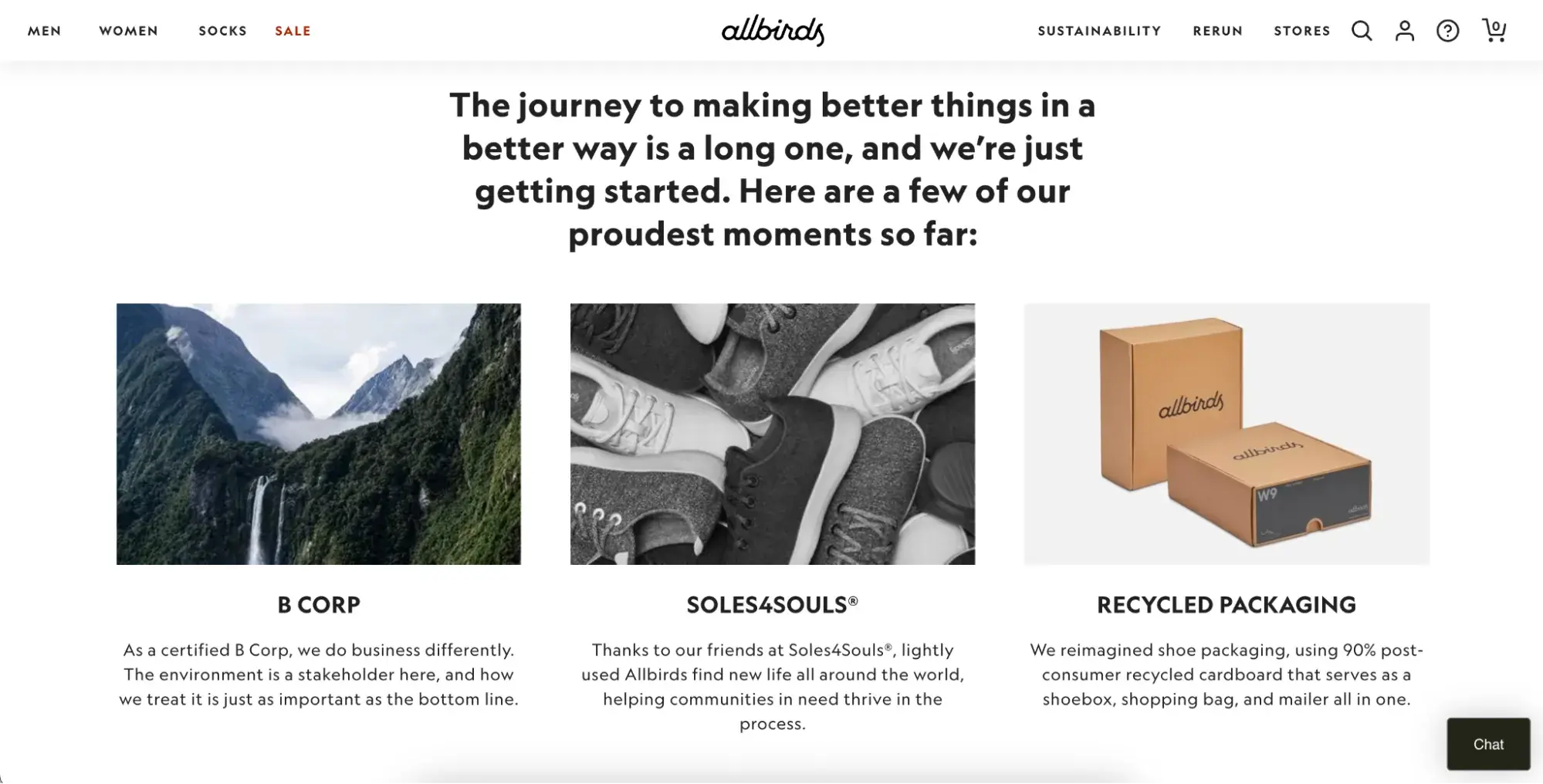 Screenshot of Allbirds About page showing their sustainable efforts.