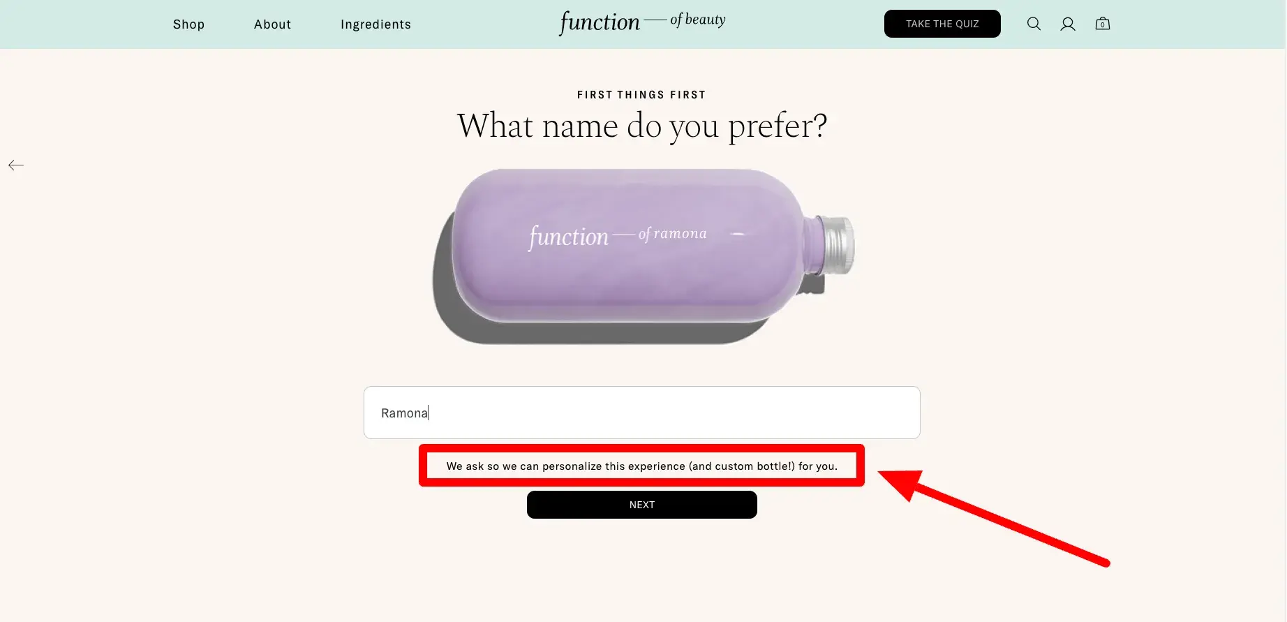 Screenshot showing how Function of Beauty collects personal information to personalize its website experience. 