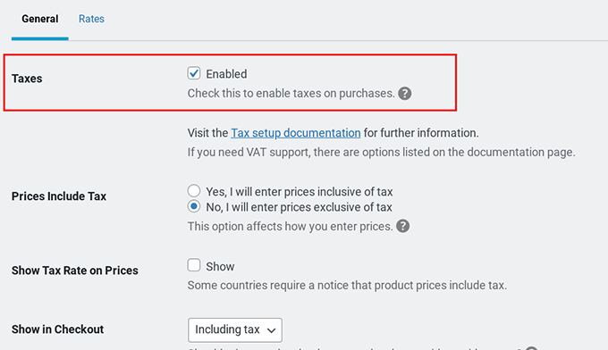 Easy Digital Downloads tax settings