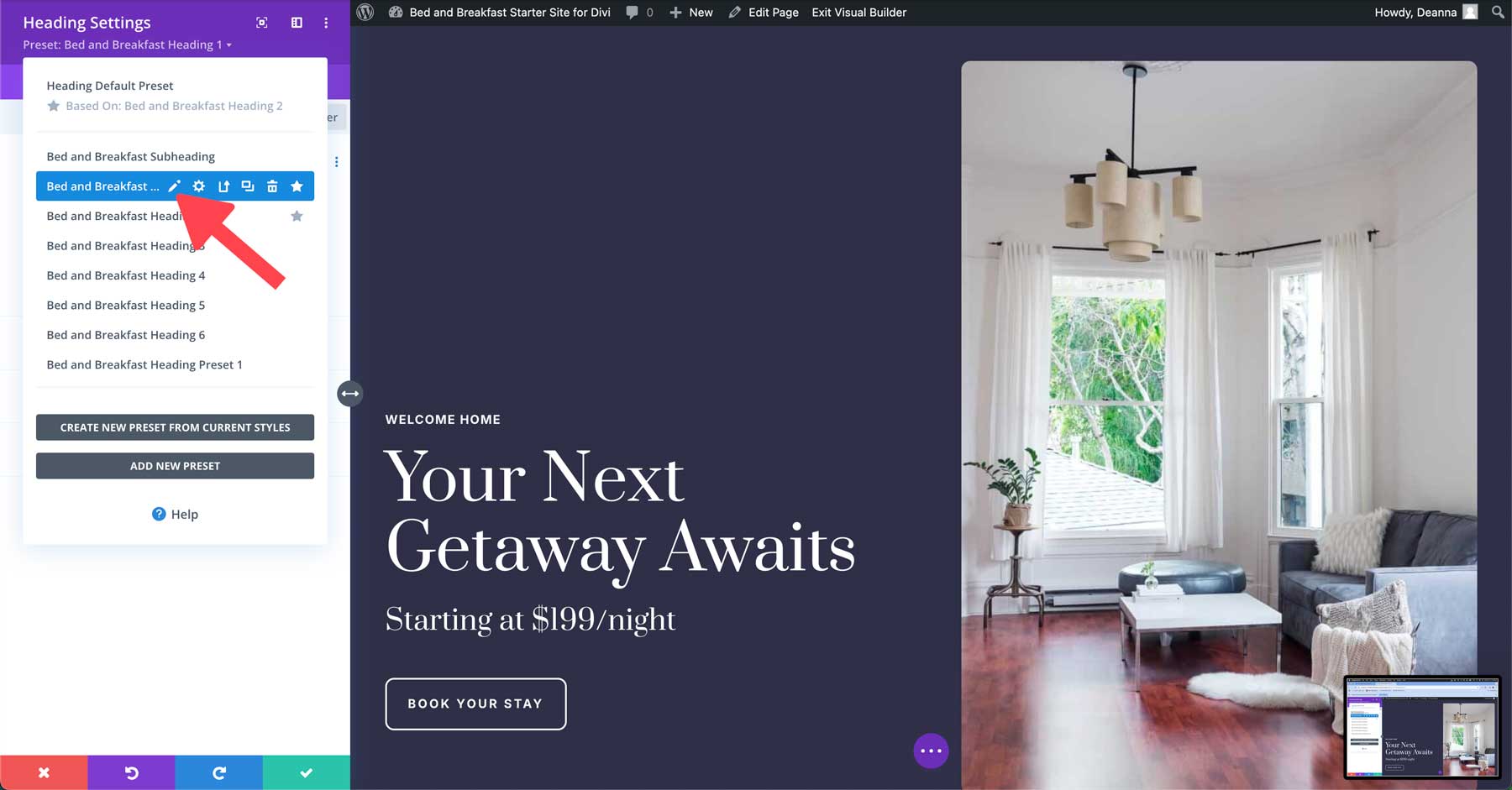 bed and breakfast starter site for Divi