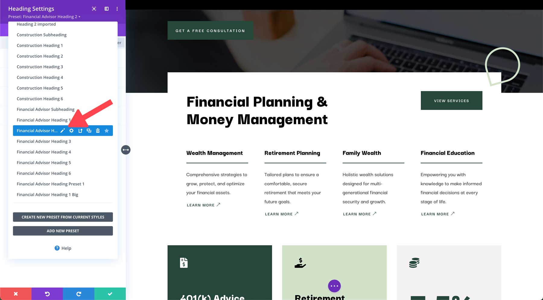 Financial Advisor starter site for Divi