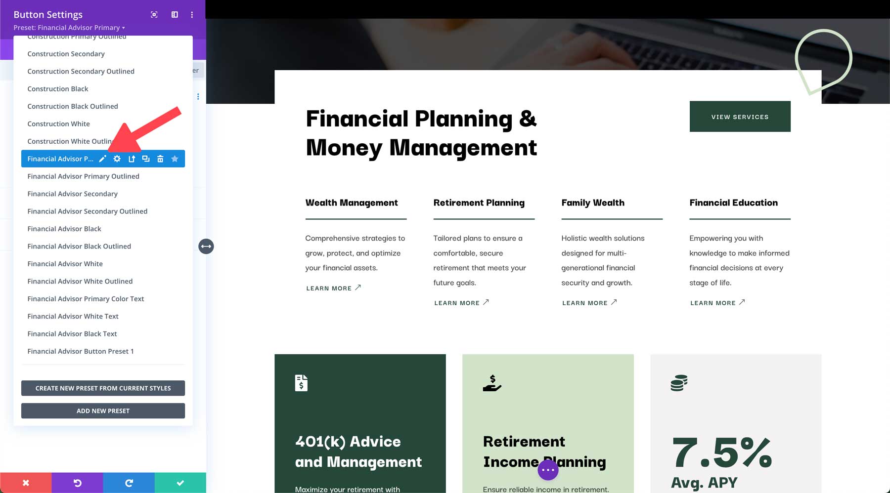 Financial Advisor starter site for Divi