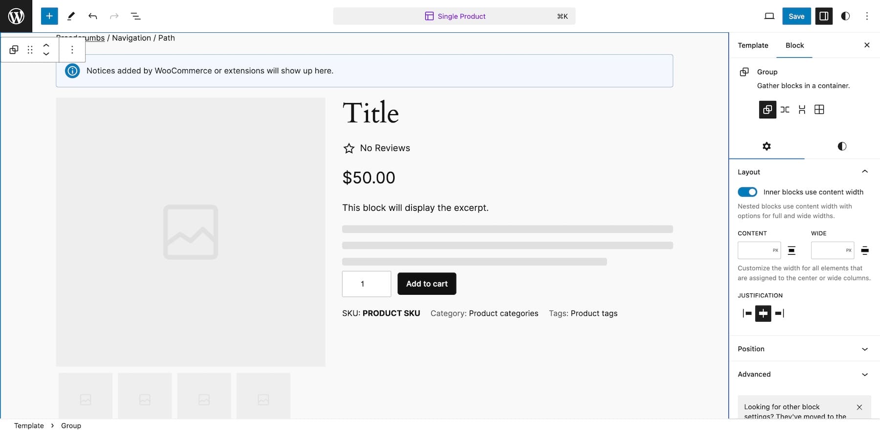 editing product template with woocommerce blocks