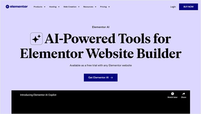 Elementor AI's landing page