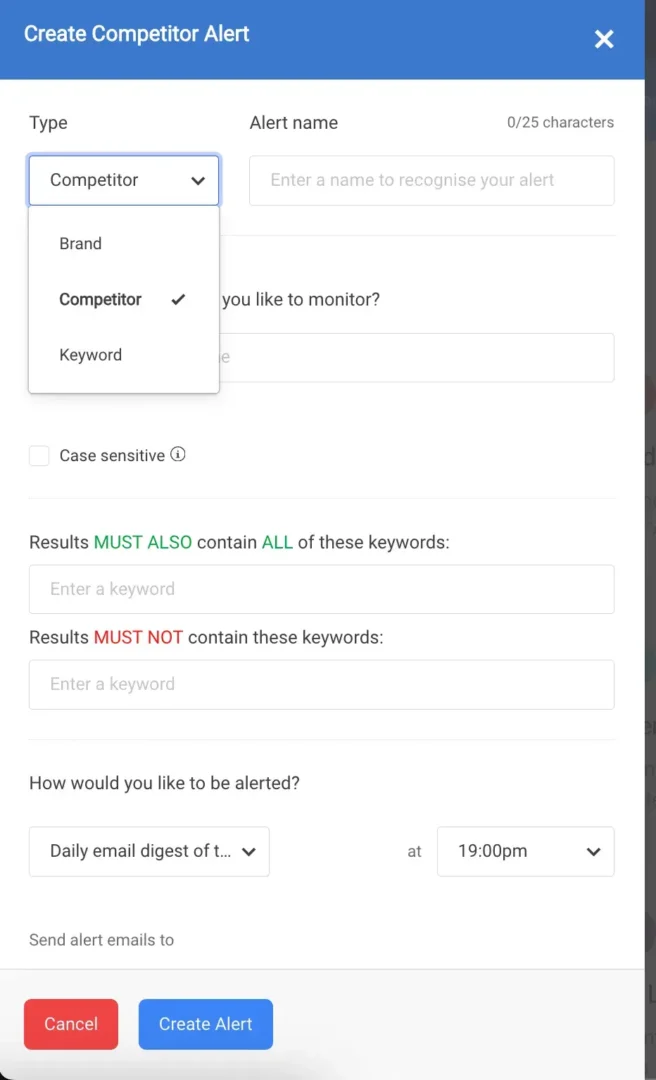 Screenshot showing the form you fill out to set up an alert in BuzzSumo