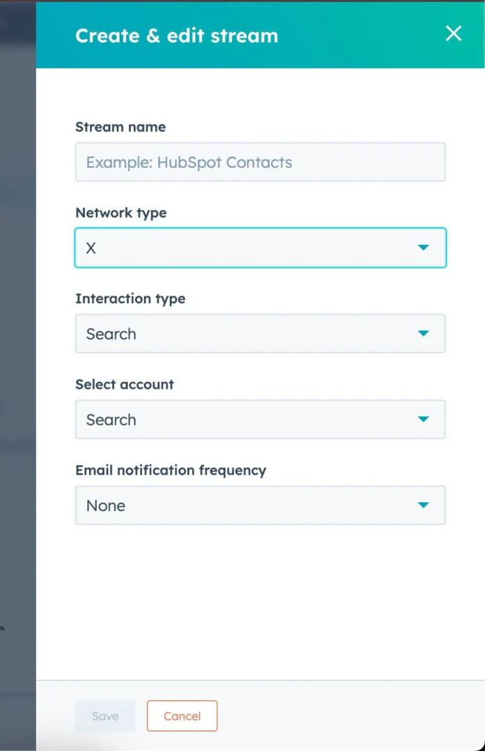 Screenshot showing the form you fill out to set up a keyword stream in HubSpot