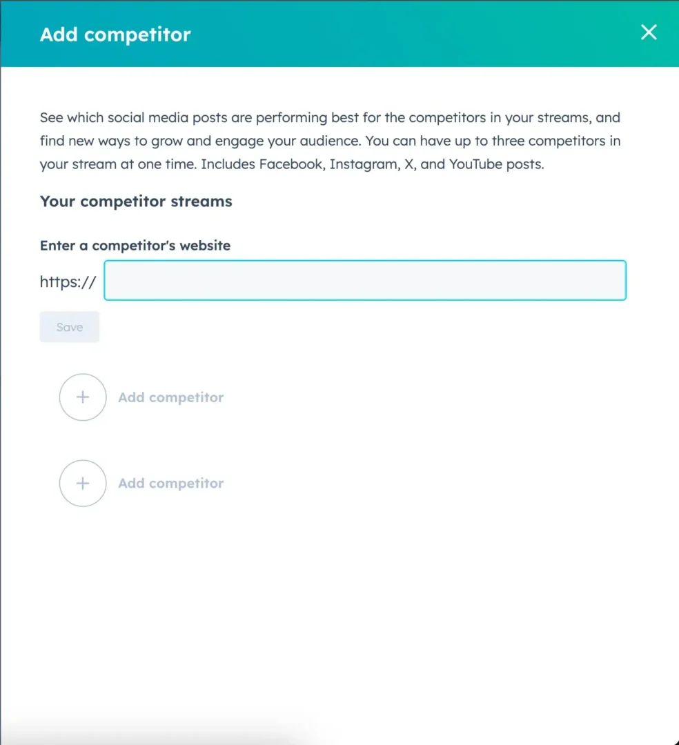 Screenshot showing the form you fill out to set up a competitor stream in HubSpot