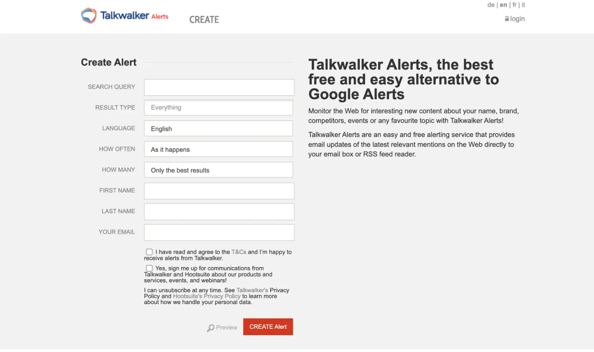 Screenshot showing the TalkWalker Alerts form