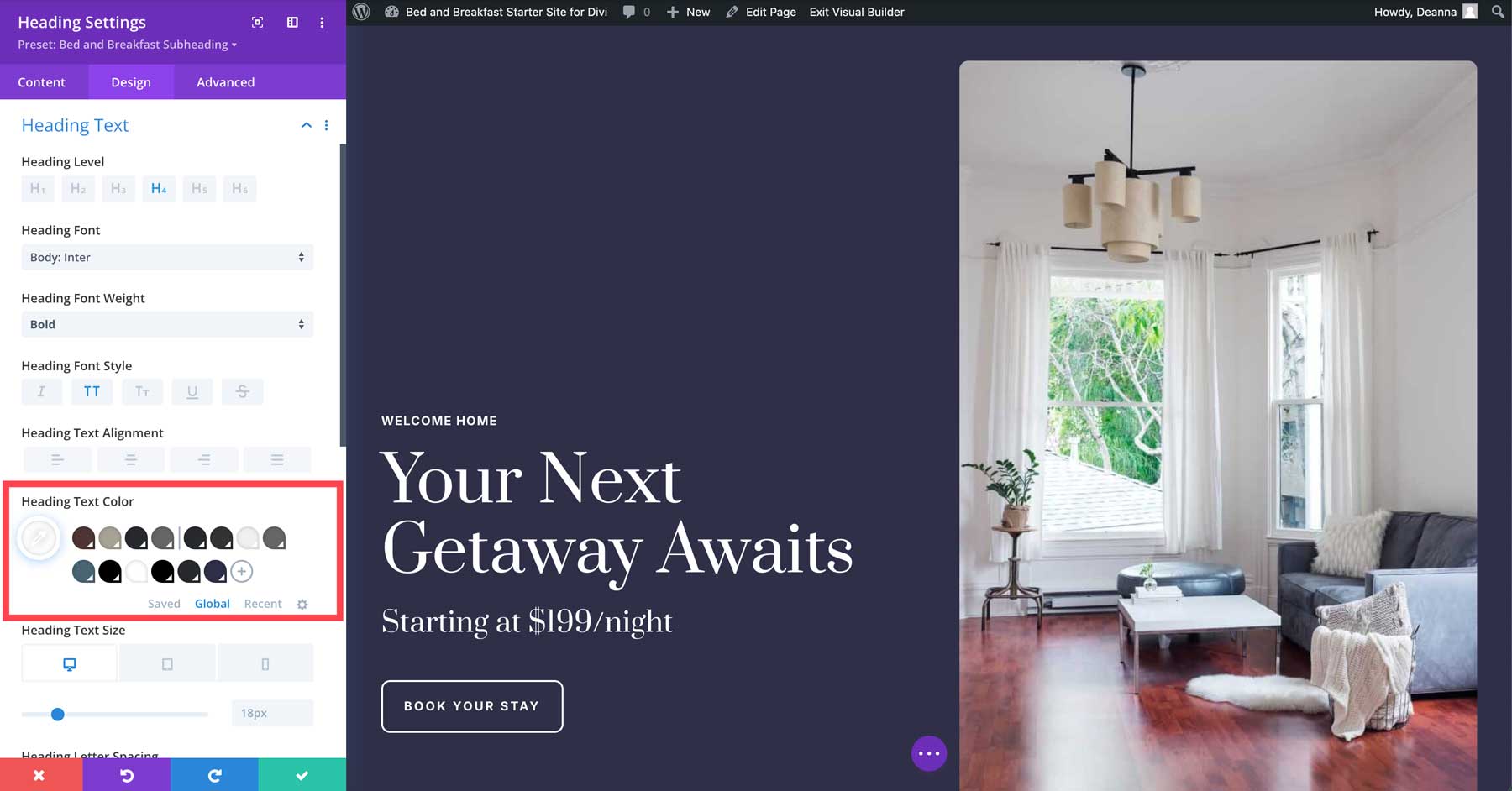 bed and breakfast starter site for Divi