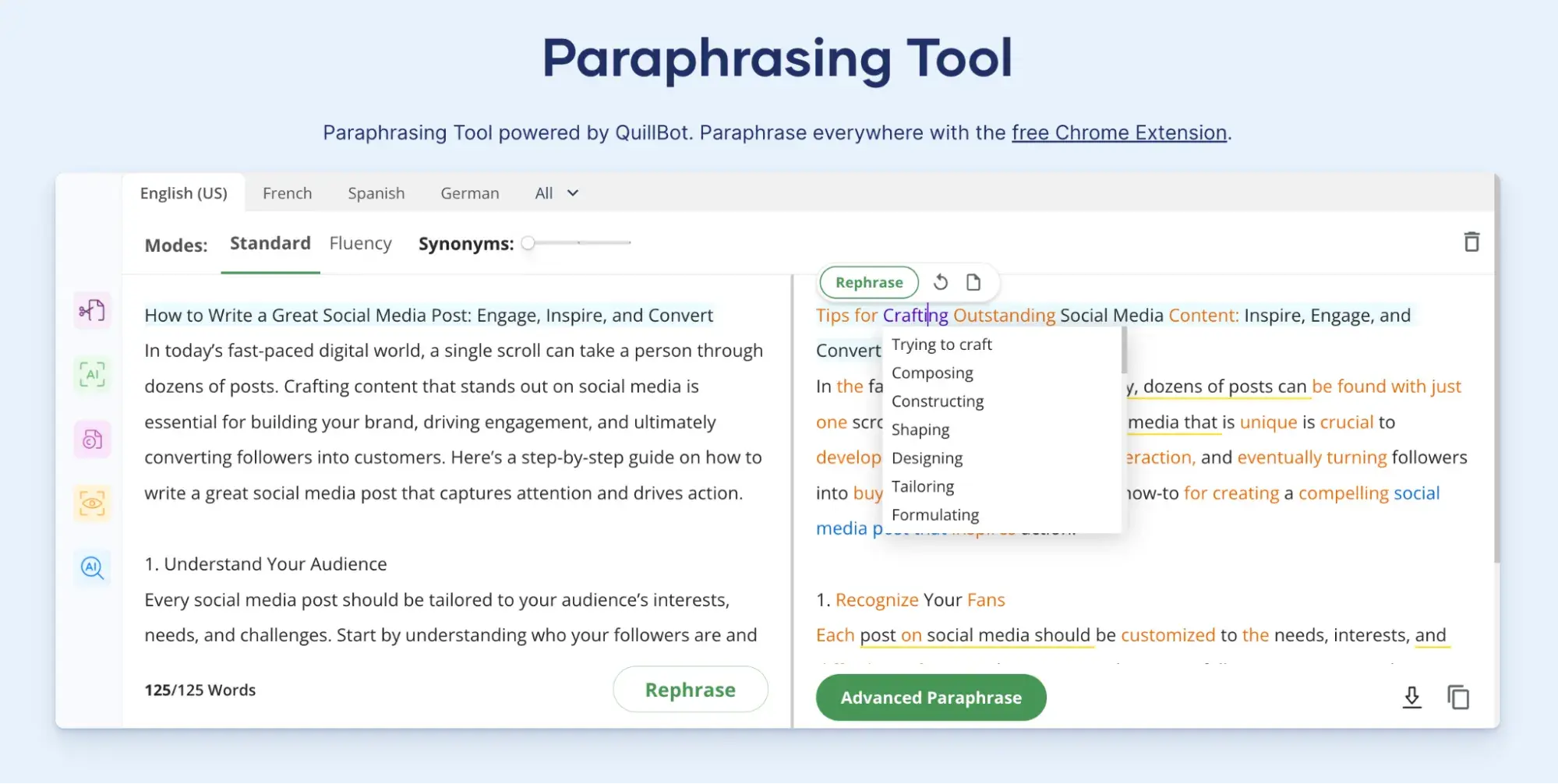 Screenshot showing the rephrase options in Scribbr’s free paraphrase tool.