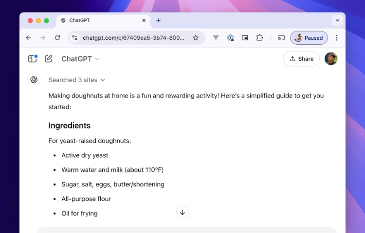 OpenAI informational result for doughnut recipe