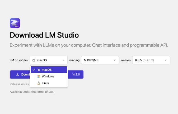 LM Studio download page with platform selection options