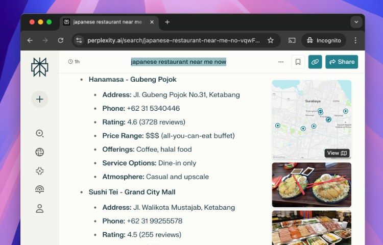 Perplexity AI local search result for Japanese restaurants