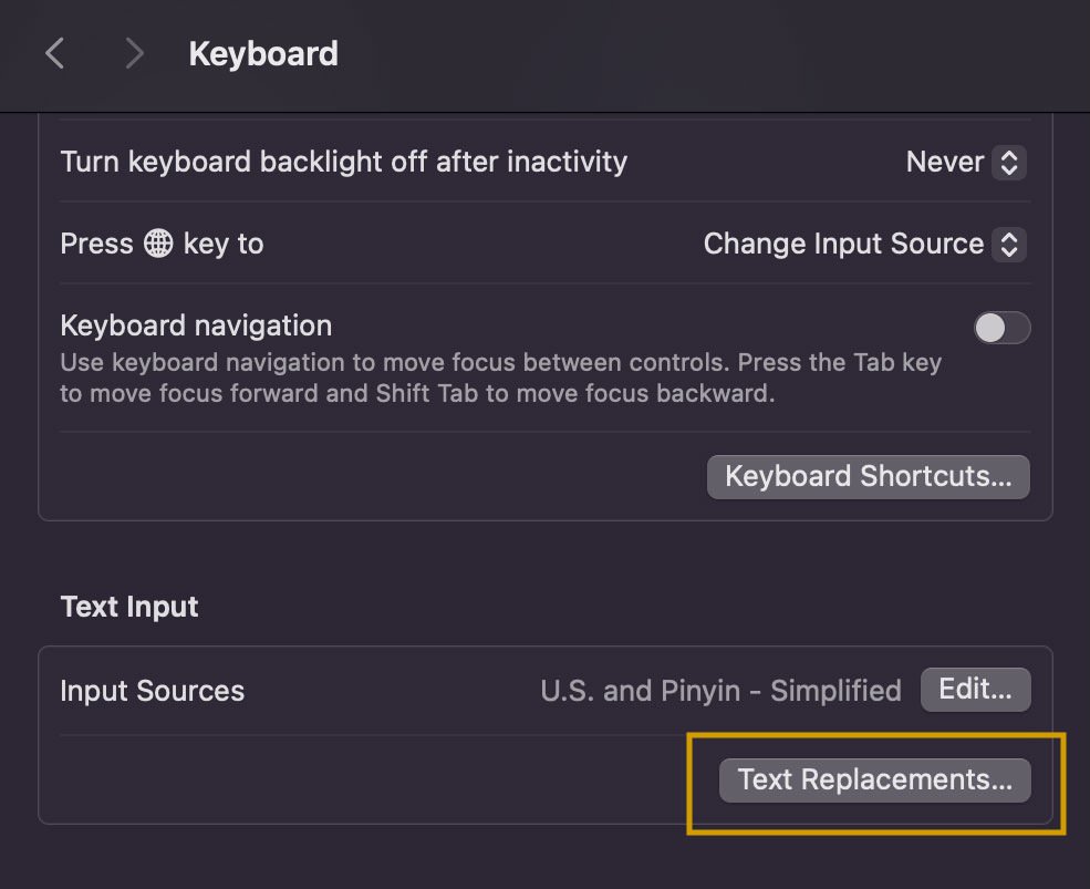 macOS Text Replacement settings interface