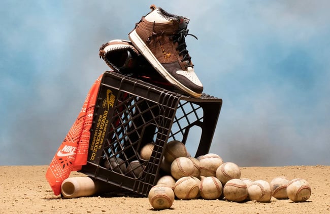 Bodega’s Nike ad evokes Sandlot vibes with an image of the shoes on a tipped-over crate of worn, old baseballs