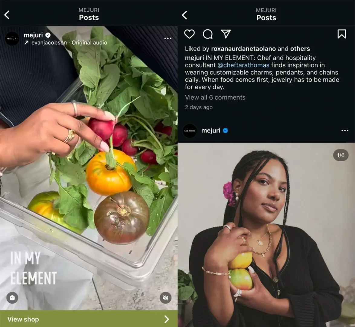 Mejuri Instagram posts featuring a chef micro-influencer.