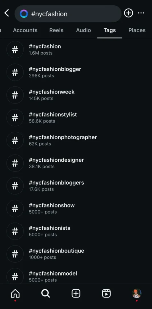 Micro influencer marketing: Search results for #nycfashion on Instagram.