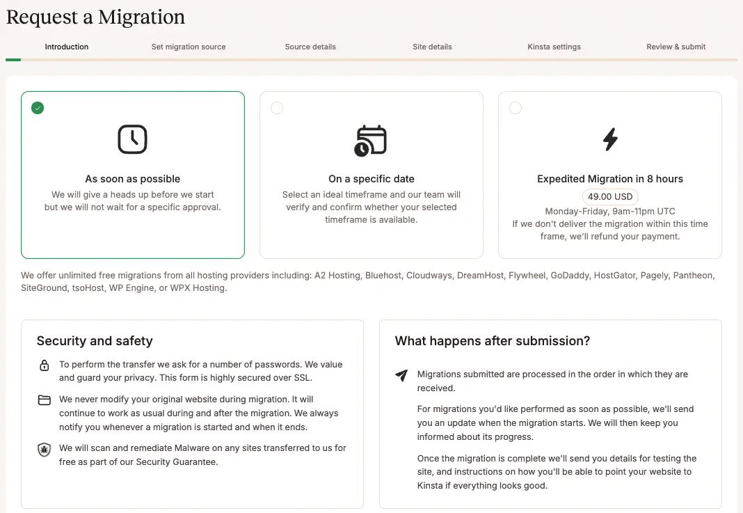 Choose timeframe when requesting migration